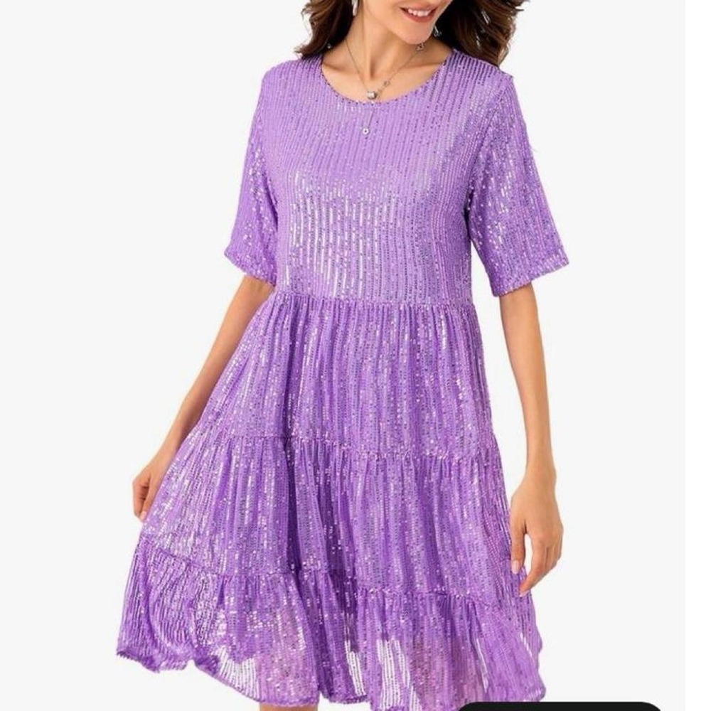 Women's Sequin Babydoll Summer Dress，Sparkly Glitter Dress Tiered Tunic Dress